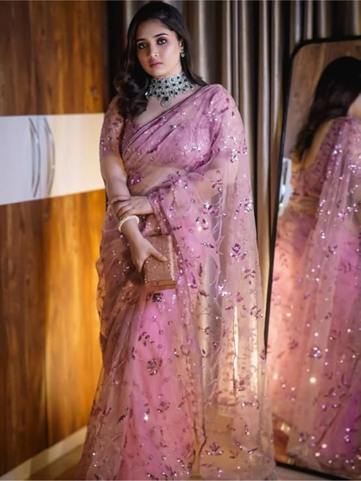 Bollywood Inspired Sequins Designer Pink Net Saree
