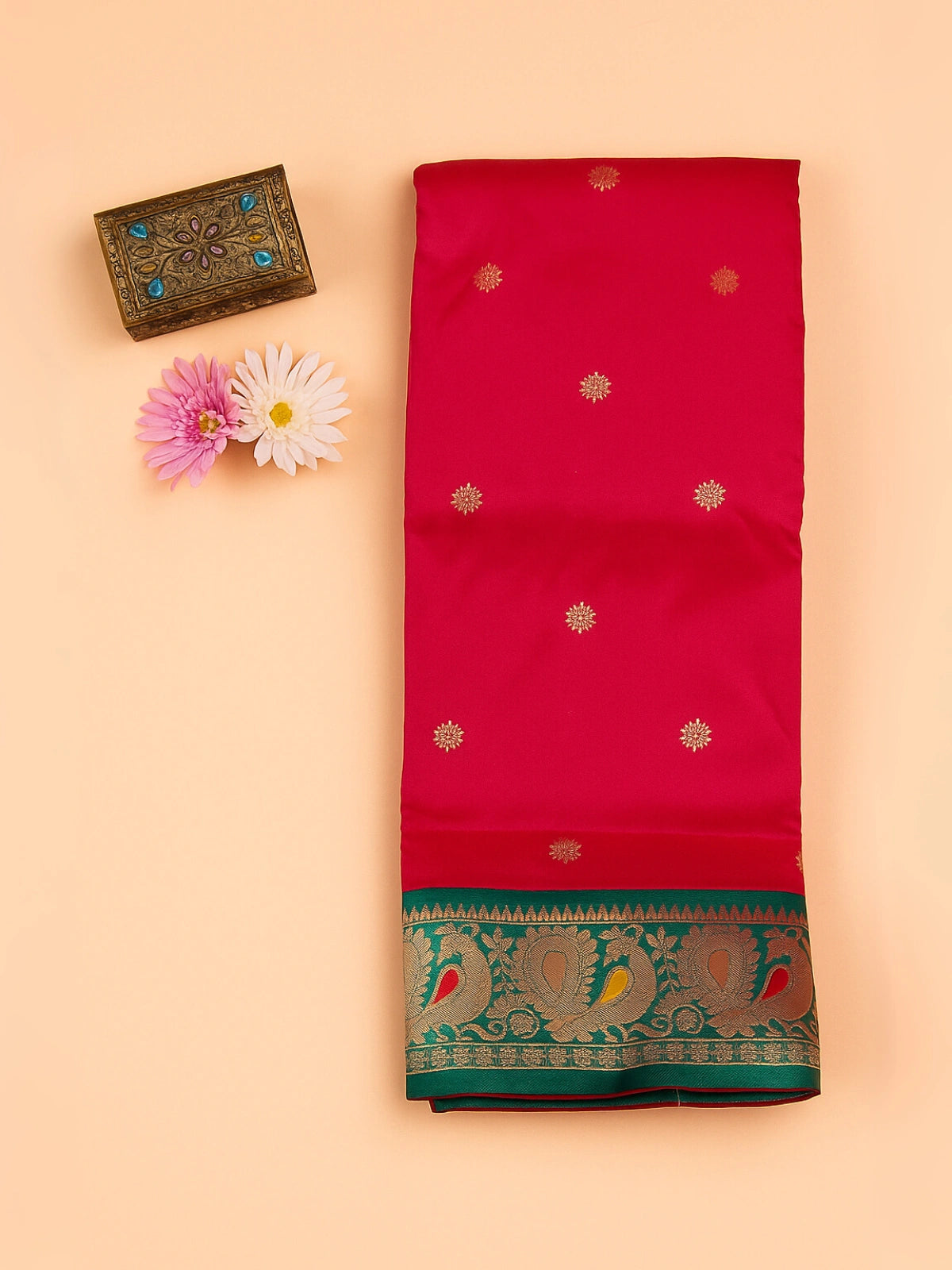 Peshwai Paithani Saree with Peacock and Floral Zari Border - Red