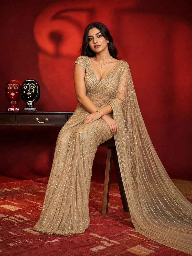 Sequins Designer Full Net Gold Saree