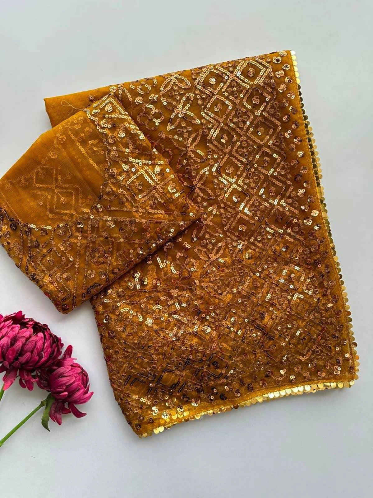 Bollywood Inspired Golden Soft Net Sequin Work Saree-71826345427025
