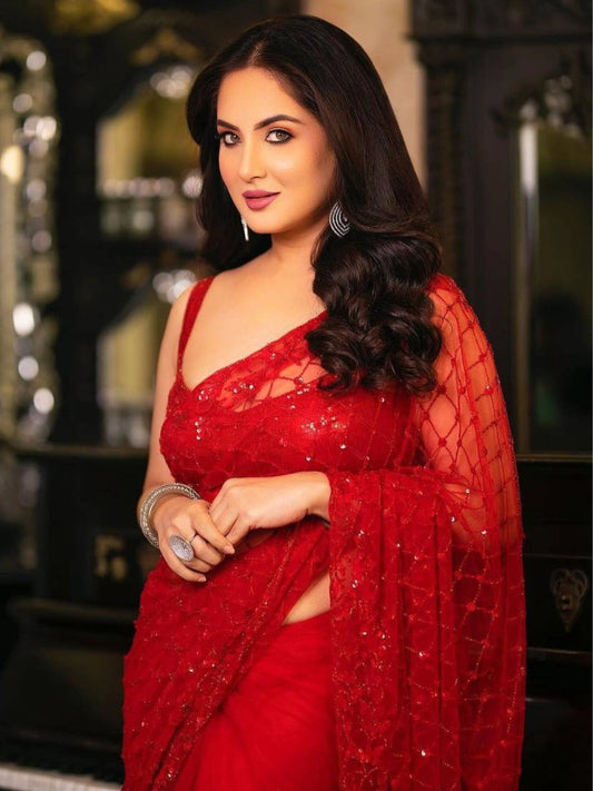 Bollywood-Inspired Red Net Saree with Sequins and Embroidery