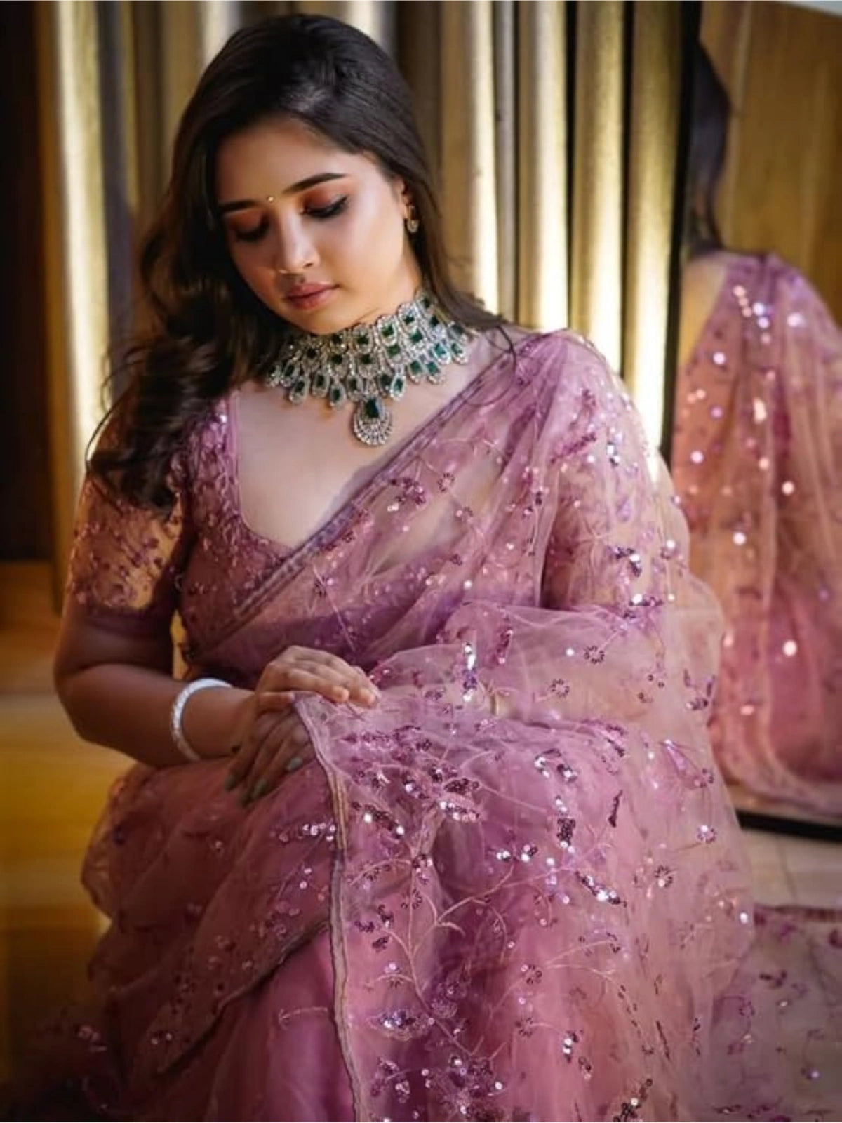 Bollywood Inspired Sequins Designer Pink Net Saree
