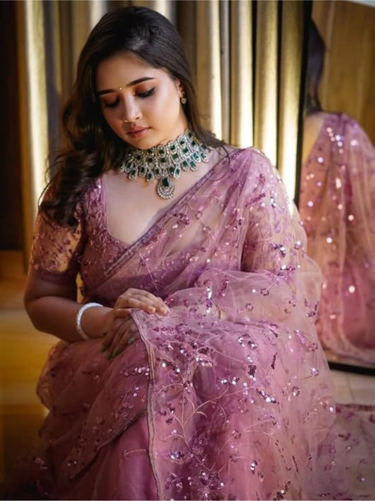 Bollywood Inspired Sequins Designer Pink Net Saree-70724410605649