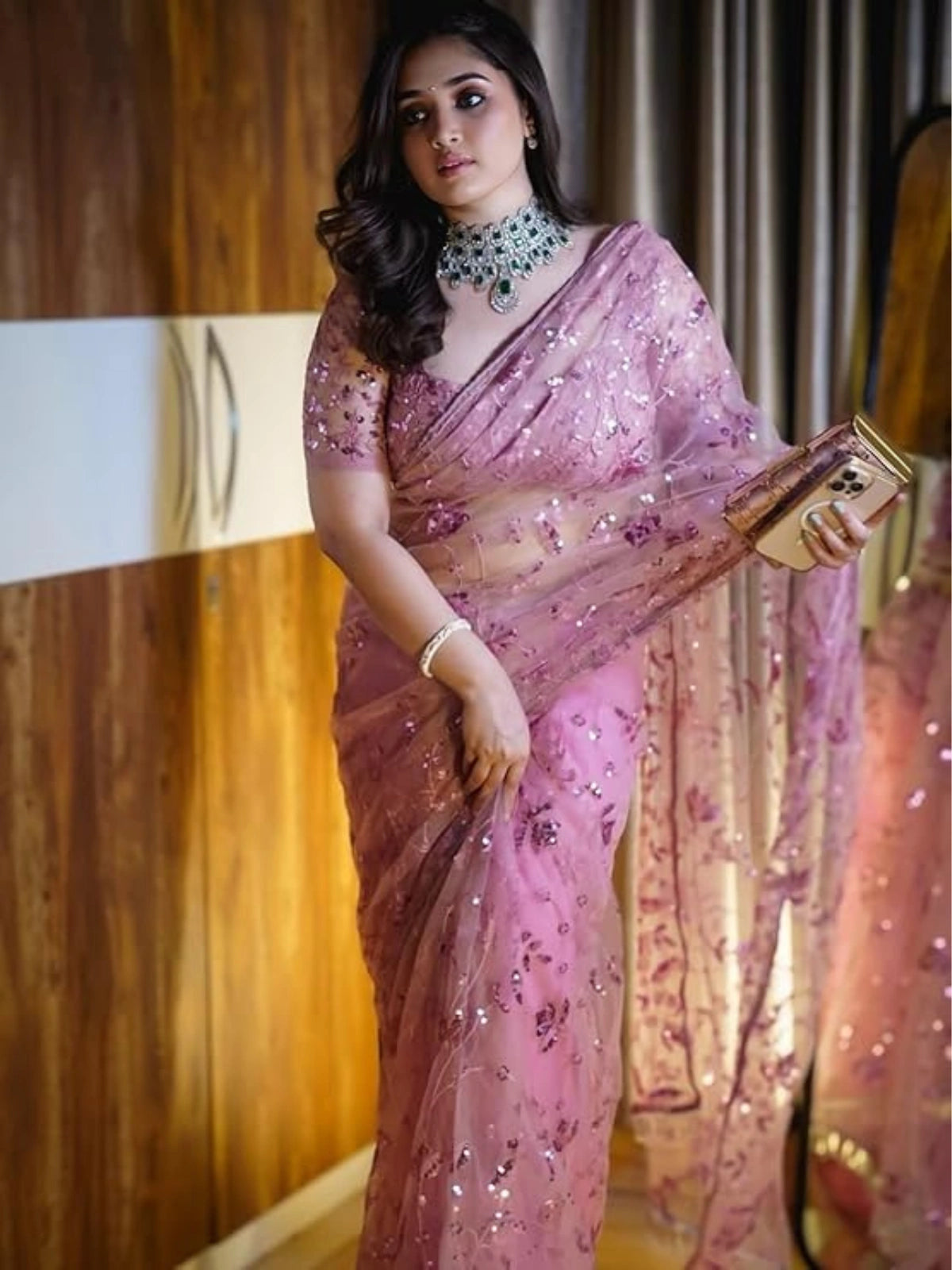 Bollywood Inspired Sequins Designer Pink Net Saree-70724410671185