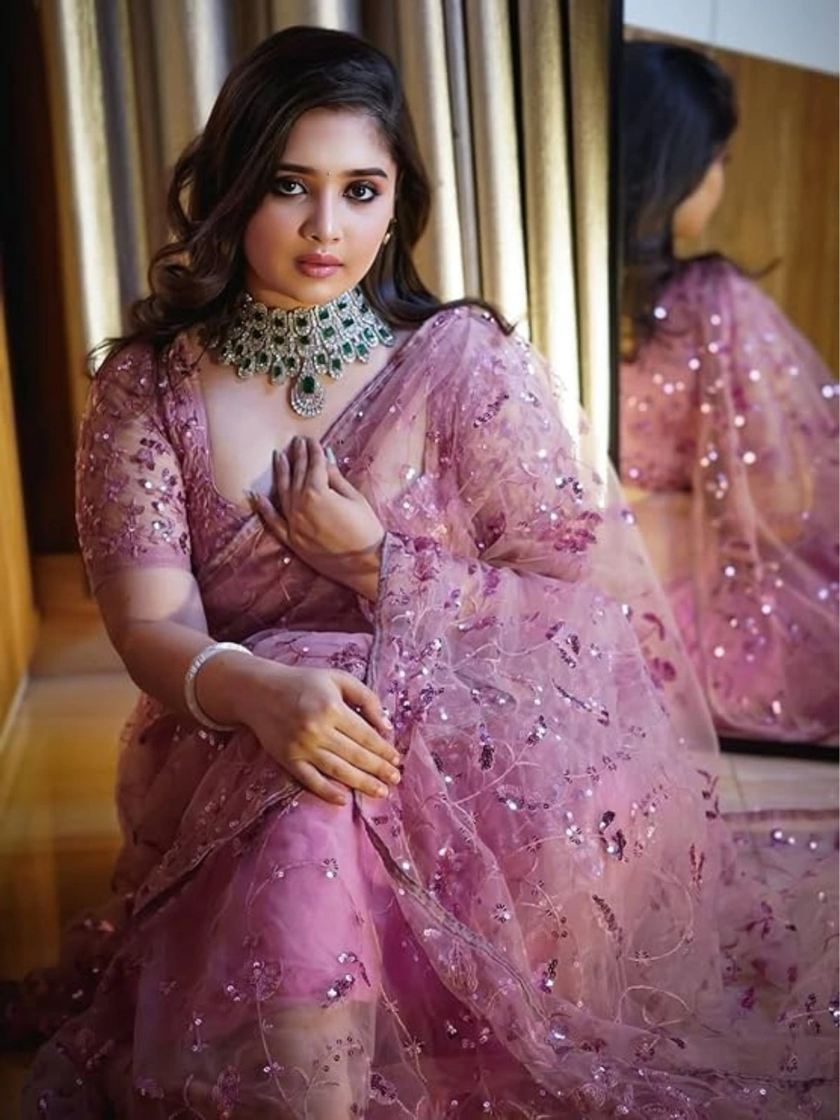 Bollywood Inspired Sequins Designer Pink Net Saree