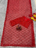 Bollywood-Inspired Red Net Saree with Sequins and Embroidery