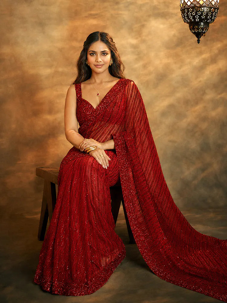 Bollywood Inspired Red Sequin Saree with Lace Border & Heavy Sequin Blouse-71929825722449