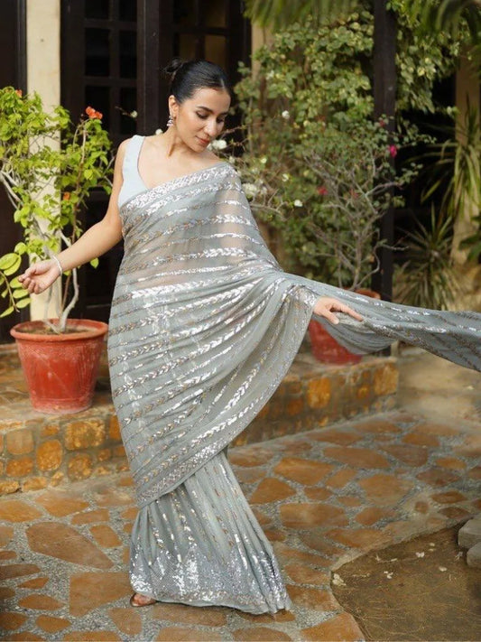 Bollywood Inspired Metallic Grey Georgette Saree with Sequins-72116555448401