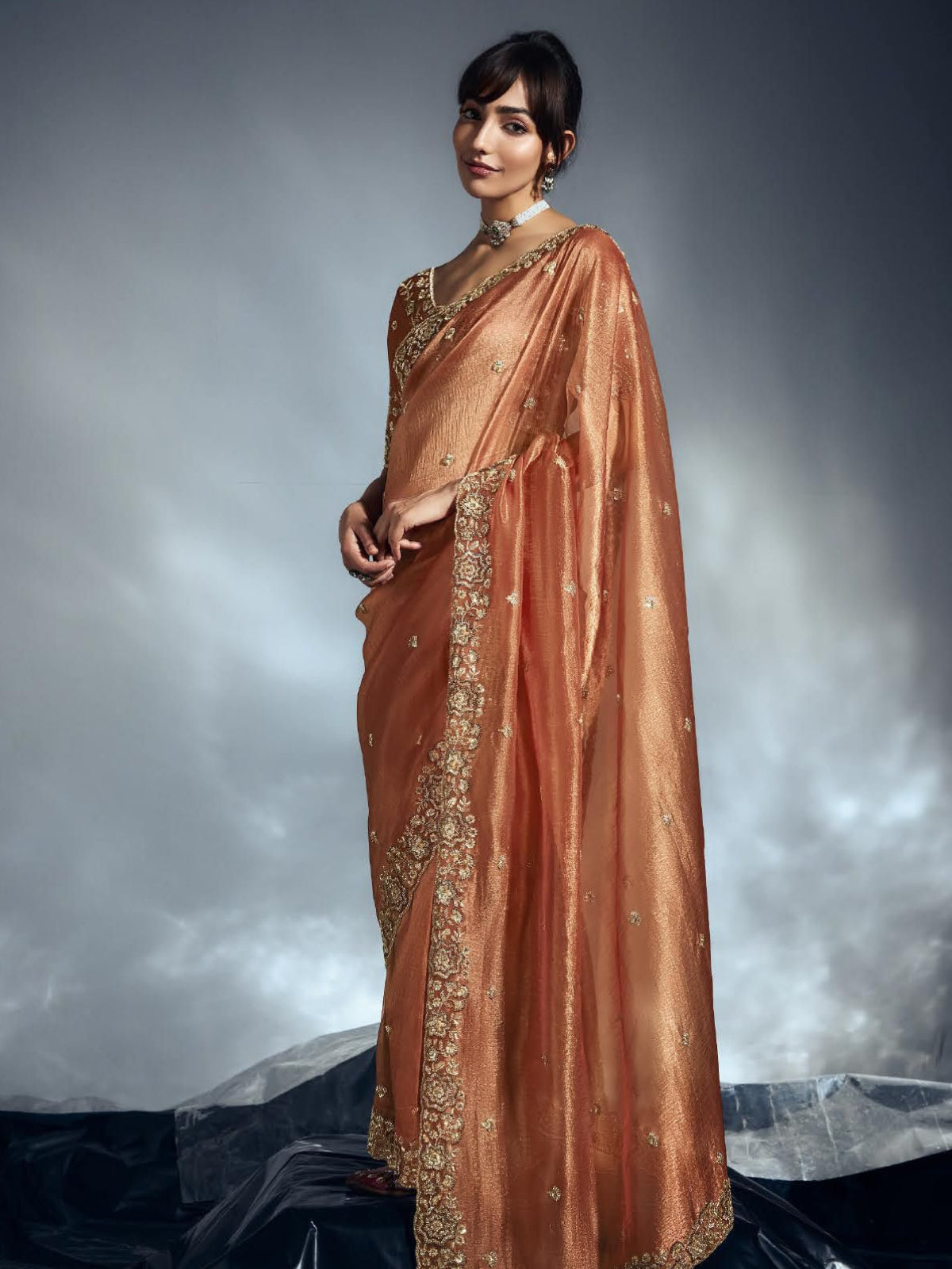 Designer Organza Saree with Heavy Embroidered Border & Blouse - Orange