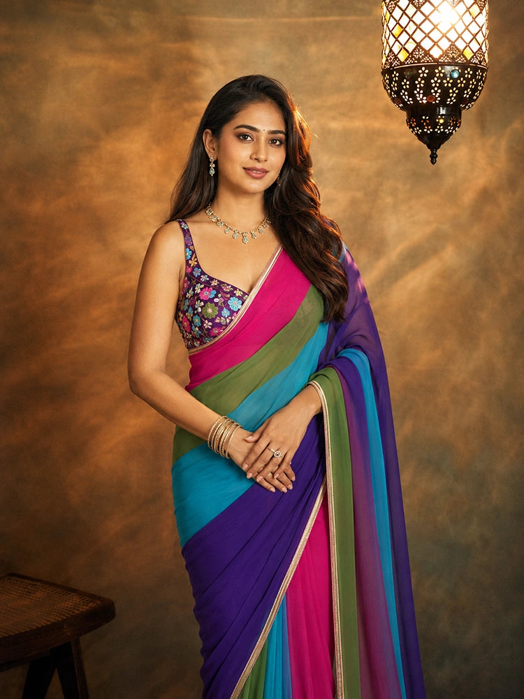 Alia Inspired Multicolor Georgette Saree with Golden Border-71985411326033