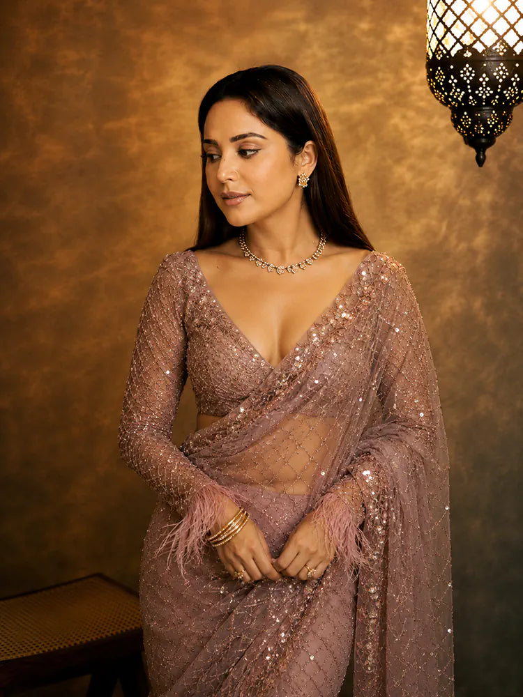 Bollywood-Inspired Onion Net Saree with Sequins and Embroidery-71938960883793