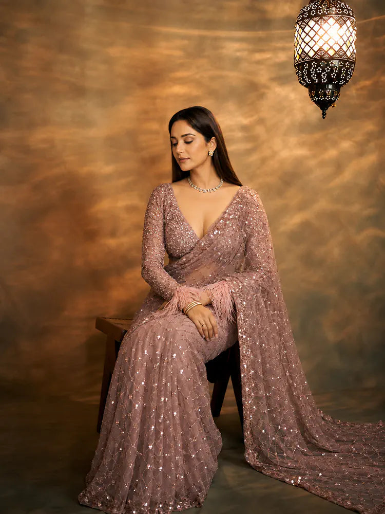 Bollywood-Inspired Onion Net Saree with Sequins and Embroidery-71938960949329