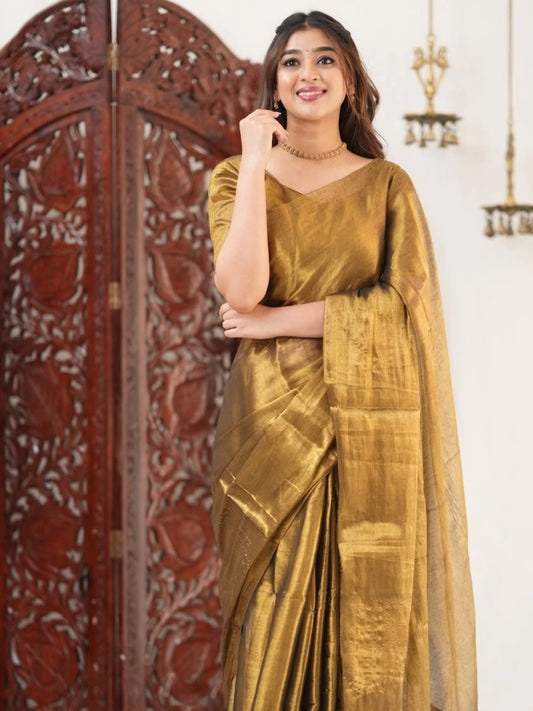 Bollywood Inspired Golden Plain Linen Saree-70318404534353