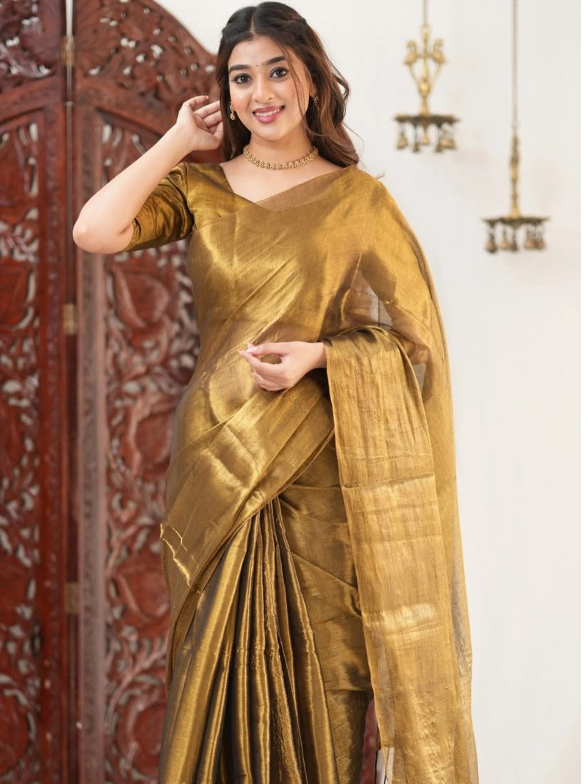 Bollywood Inspired Golden Plain Linen Saree-70318404567121