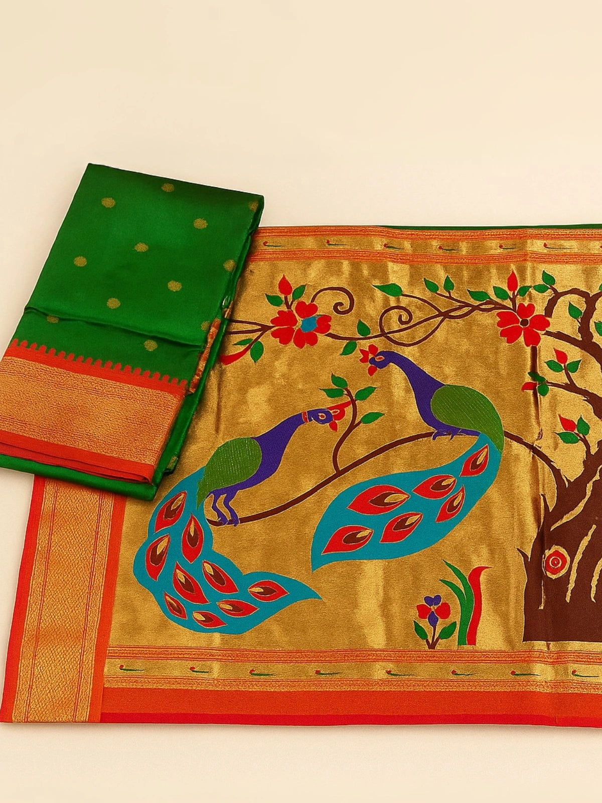 Maharani Paithani Silk Saree with Rich Zari Weaving and Contrast Border - Green