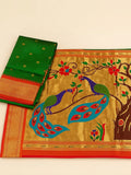 Maharani Paithani Silk Saree with Rich Zari Weaving and Contrast Border - Green