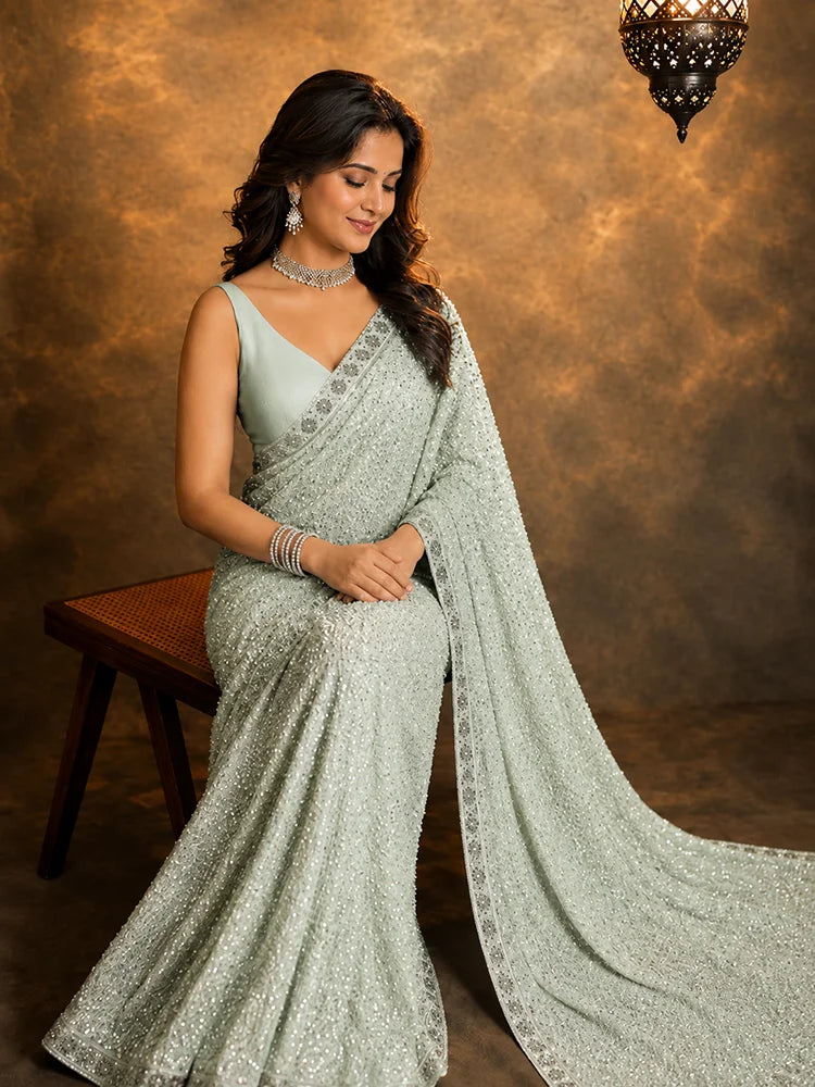 Bollywood Inspired Georgette Pista Green Saree Full Sequins Embroidery with Cutwork Lace-73704625504337