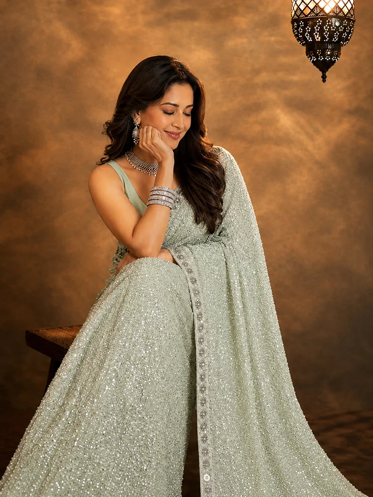Bollywood Inspired Georgette Pista Green Saree Full Sequins Embroidery with Cutwork Lace-73704625668177