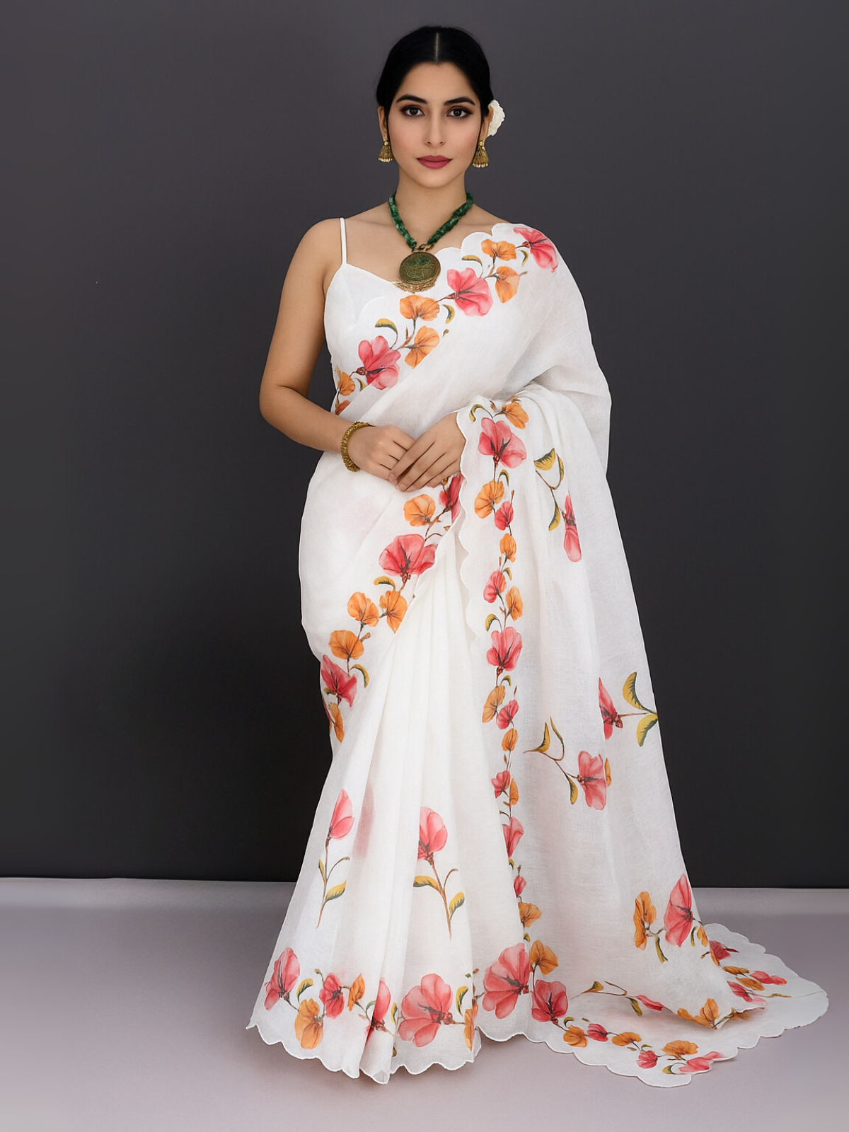 Lightweight Cotton Saree with Gold Embroidered Florals | Perfect for Festive Looks in White-14  Celebrity Drapes