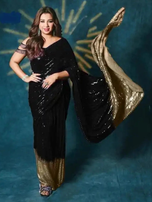 Shreya Inspired Black and Gold Sequin Saree