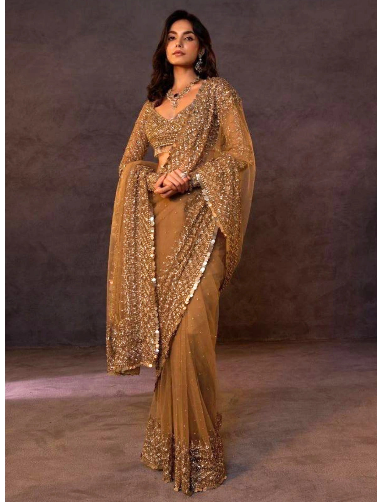 Bollywood Inspired Golden Soft Net Sequin Work Saree