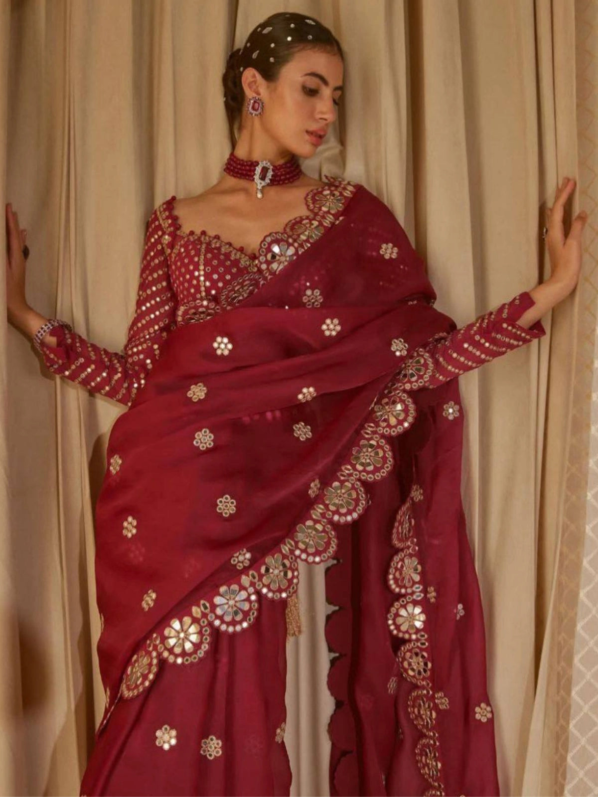 Bollywood Inspired Maroon Mirror Work Saree with Matching Blouse Piece