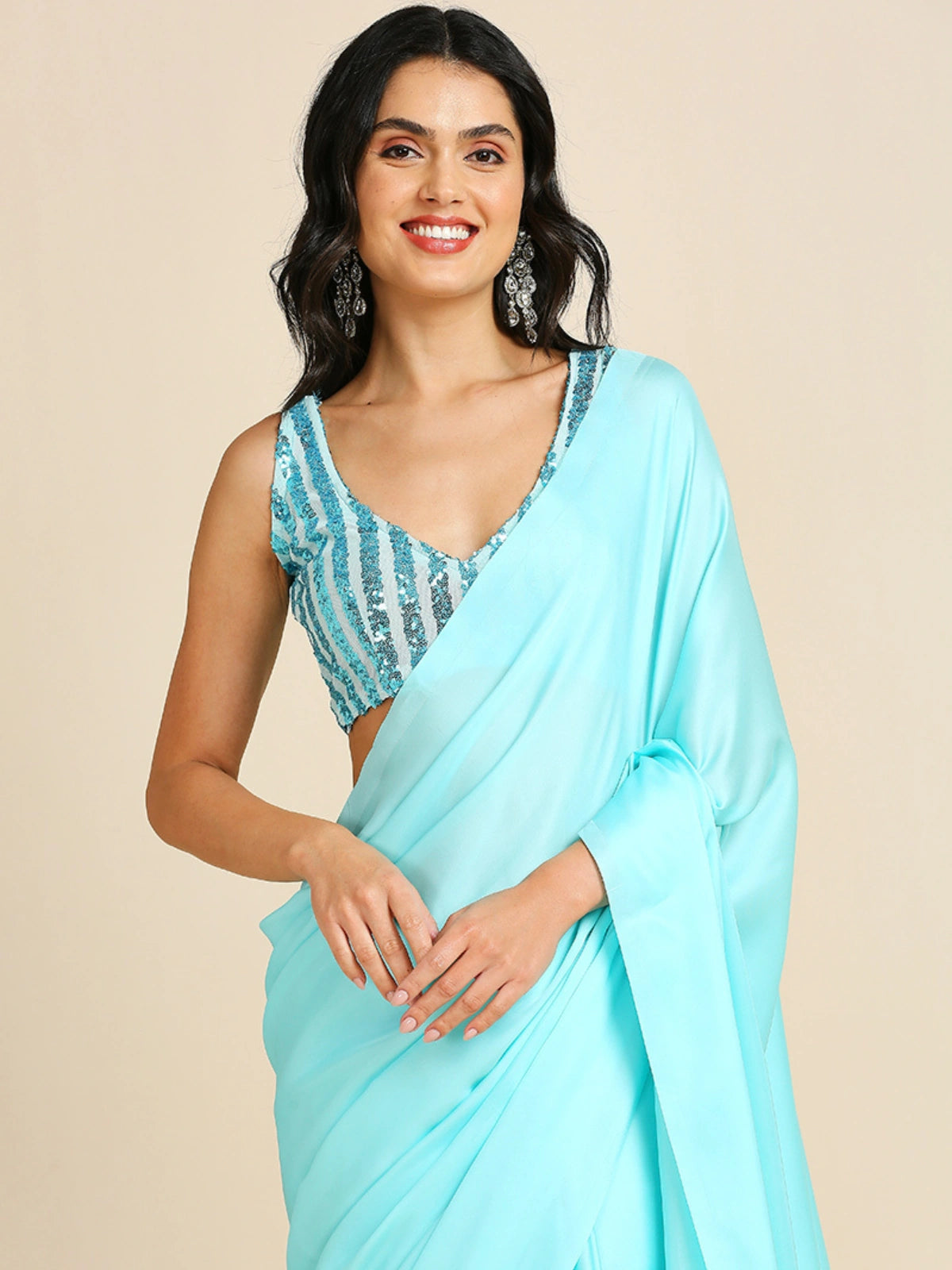 Bollywood Style Sky Blue Satin Saree with Unstitched Matching Blouse Piece