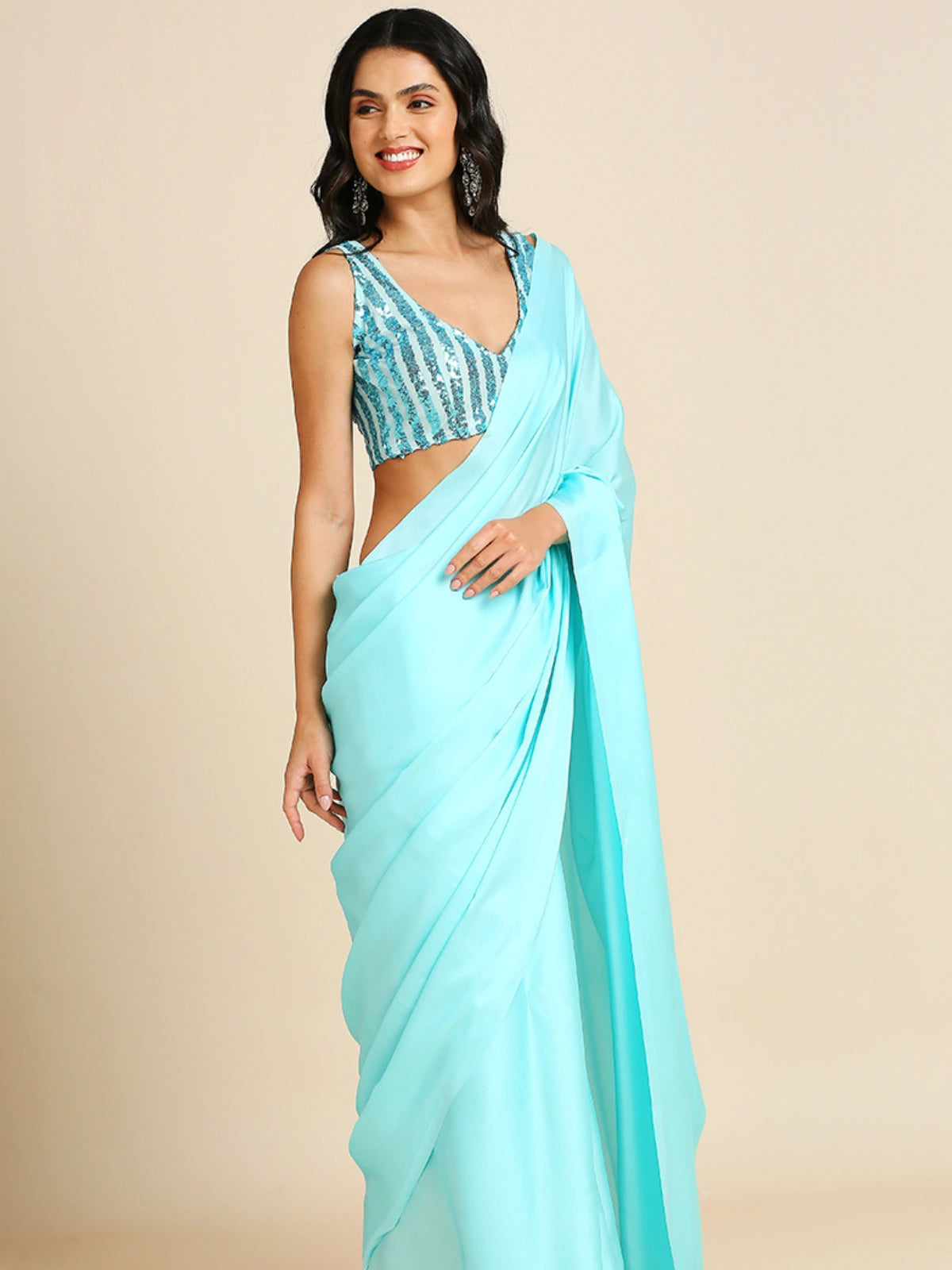 Bollywood Style Sky Blue Satin Saree with Unstitched Matching Blouse Piece