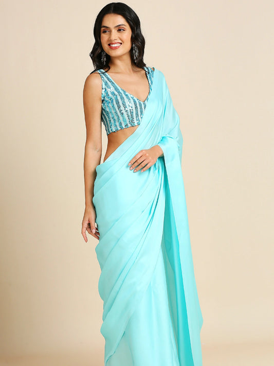 Bollywood Style Sky Blue Satin Saree with Unstitched Matching Blouse Piece-70784287211601