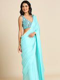 Bollywood Style Sky Blue Satin Saree with Unstitched Matching Blouse Piece