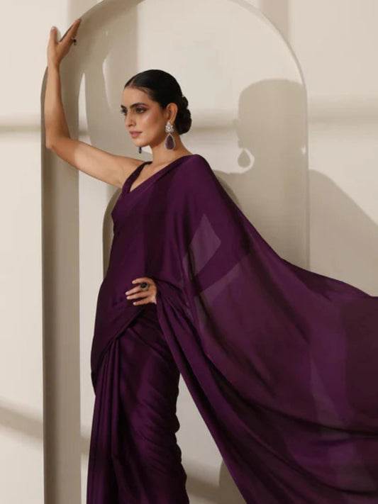 Bollywood Style Plum Satin Saree with Unstitched Matching Blouse Piece-70784283279441