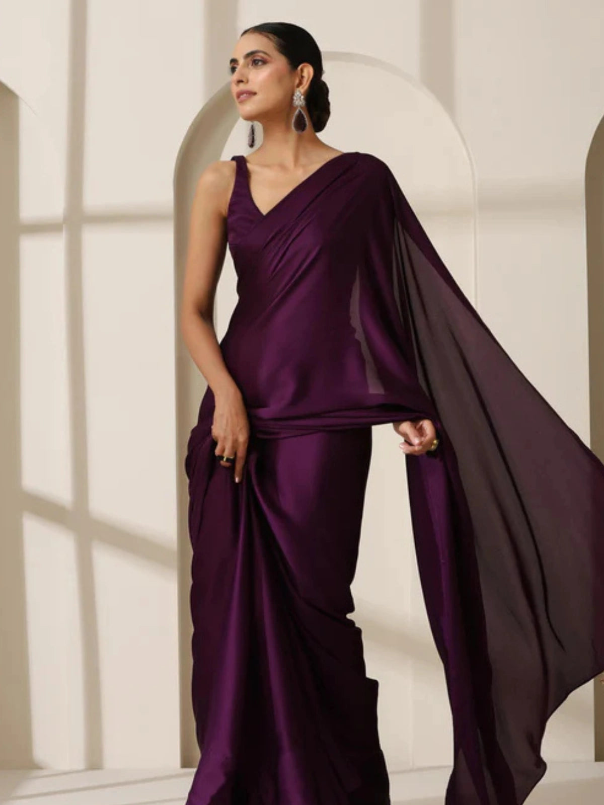 Bollywood Style Plum Satin Saree with Unstitched Matching Blouse Piece