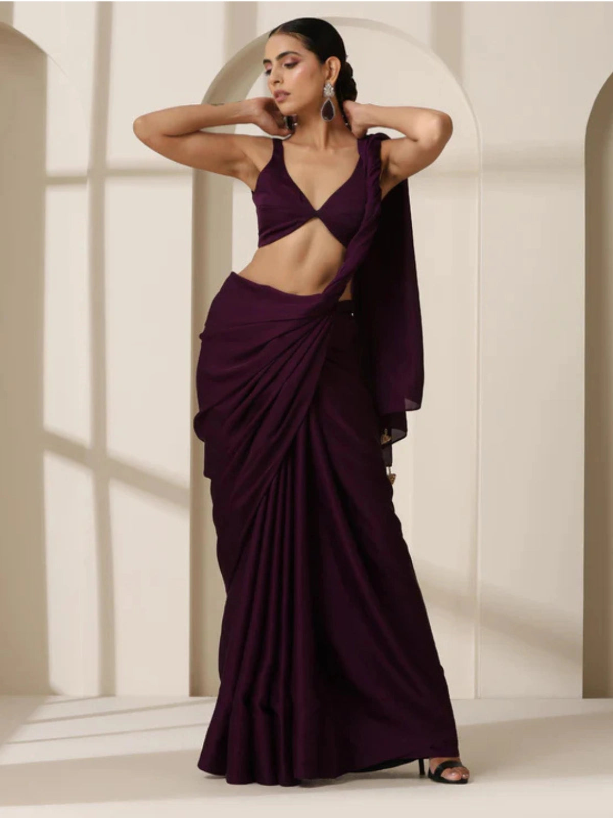 Bollywood Style Plum Satin Saree with Unstitched Matching Blouse Piece-70784283246673