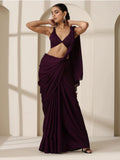Bollywood Style Plum Satin Saree with Unstitched Matching Blouse Piece