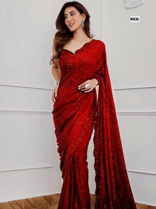 Bollywood Inspired Heavy Red Georgette Saree with Sequin Cutwork Border-70541302693969