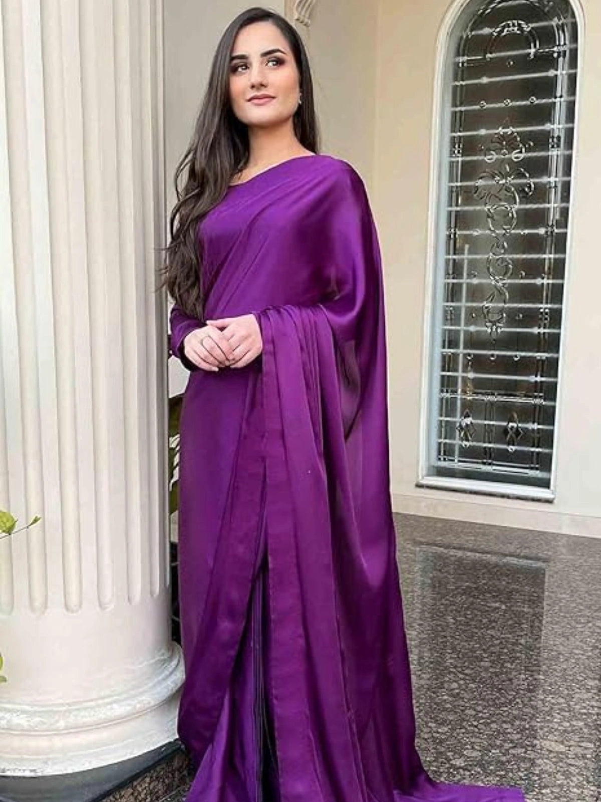 Bollywood Style Wine Satin Saree with Unstitched Matching Blouse Piece