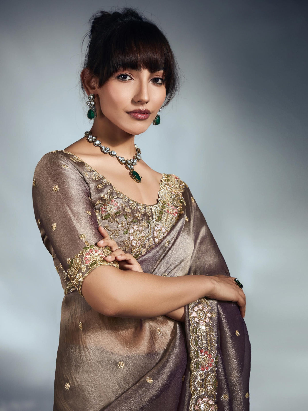 Designer Organza Saree with Heavy Embroidered Border & Blouse - Champagne Gold