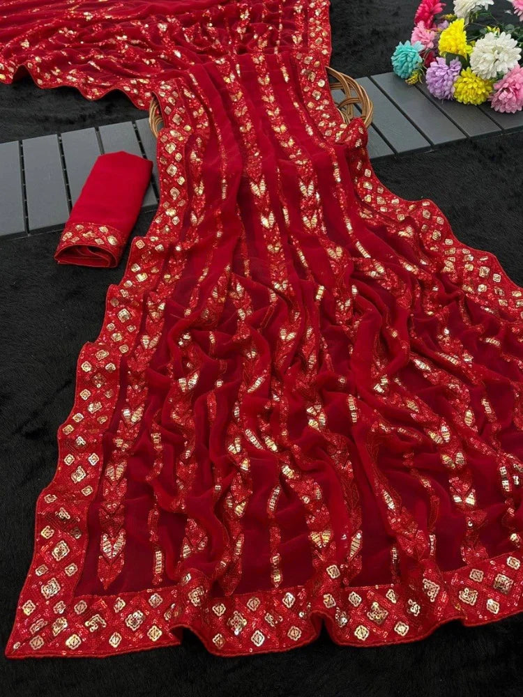 Bollywood Inspired Metallic Red Georgette Saree with Sequins