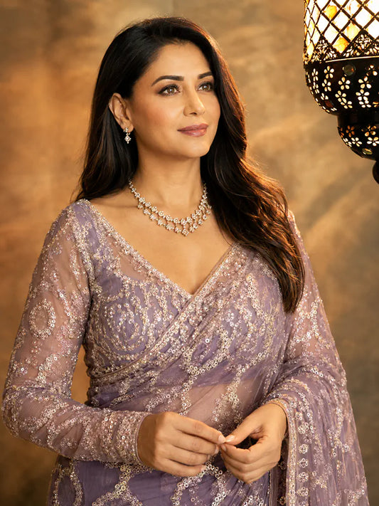 Bollywood-Inspired Purple Sequin & Bead Soft Net Saree with Unstitched Blouse-71938971730001