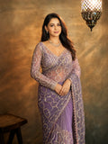 Bollywood-Inspired Purple Sequin & Bead Soft Net Saree with Unstitched Blouse