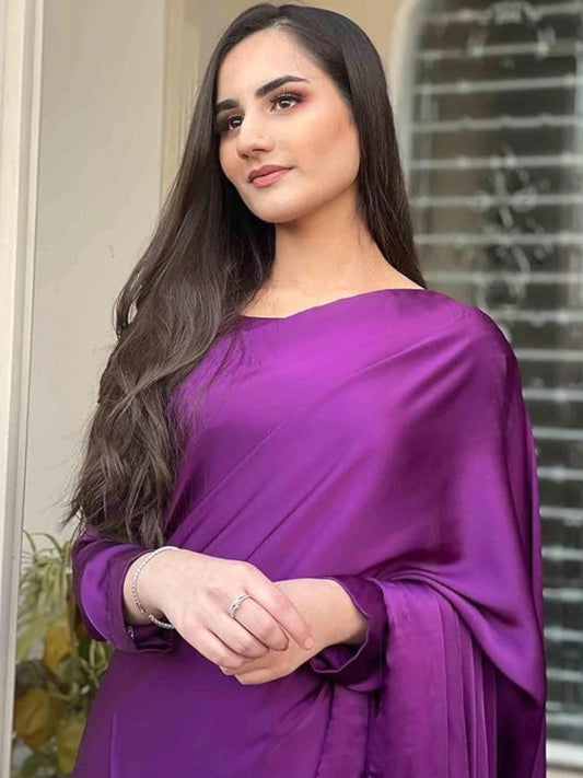 Bollywood Style Wine Satin Saree with Unstitched Matching Blouse Piece-70784284688465