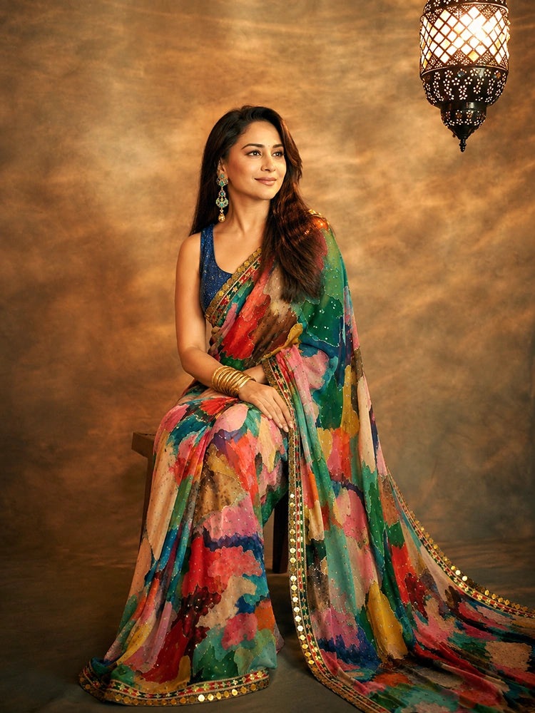 Deepika Inspired Georgette Multicolour Saree-71985421582417