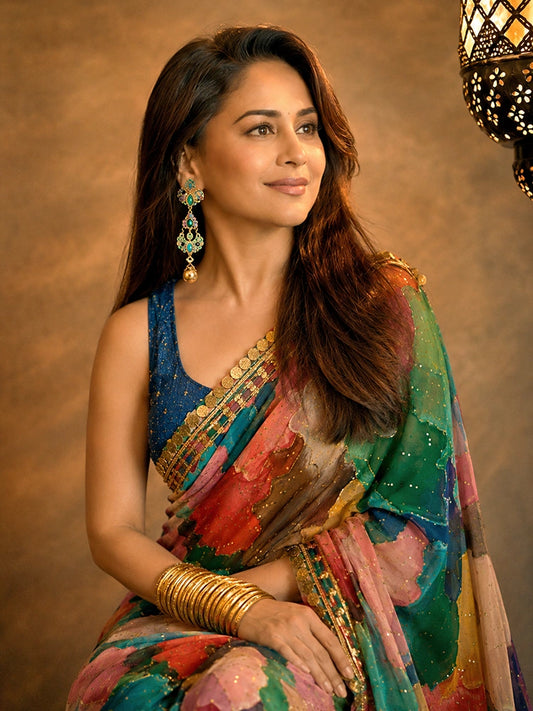 Deepika Inspired Georgette Multicolour Saree-71985421516881