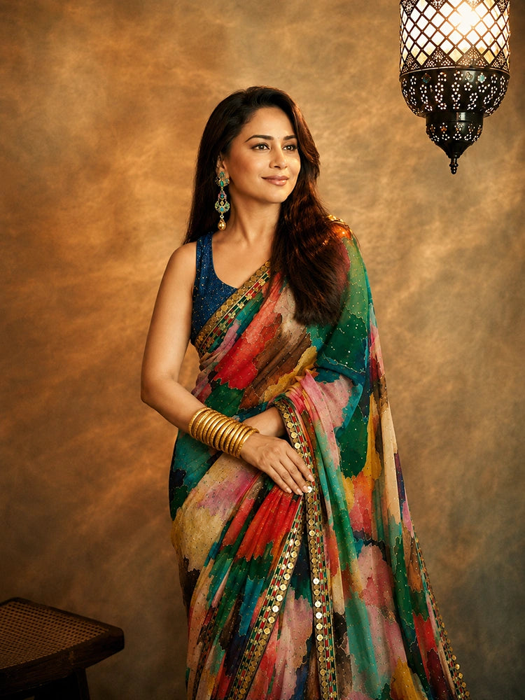 Deepika Inspired Georgette Multicolour Saree-71985421615185