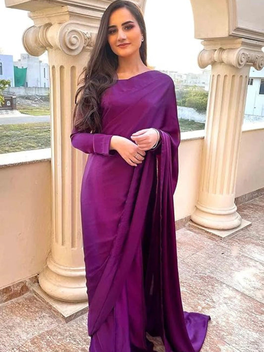 Bollywood Style Wine Satin Saree with Unstitched Matching Blouse Piece-70784284721233