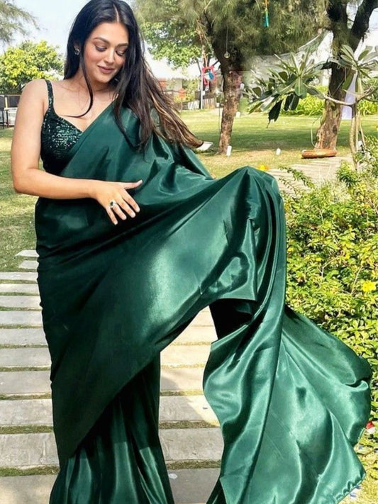 Bollywood Style Bottle Green Satin Saree with Unstitched Matching Blouse Piece-70784291995729