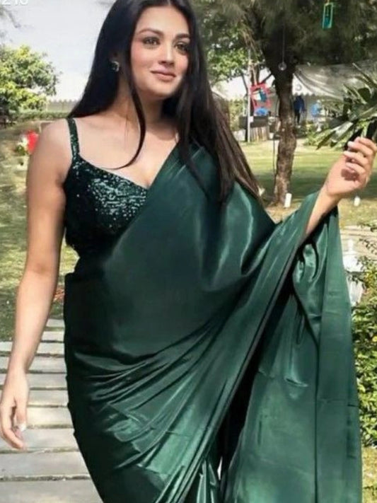 Bollywood Style Bottle Green Satin Saree with Unstitched Matching Blouse Piece-70784292061265