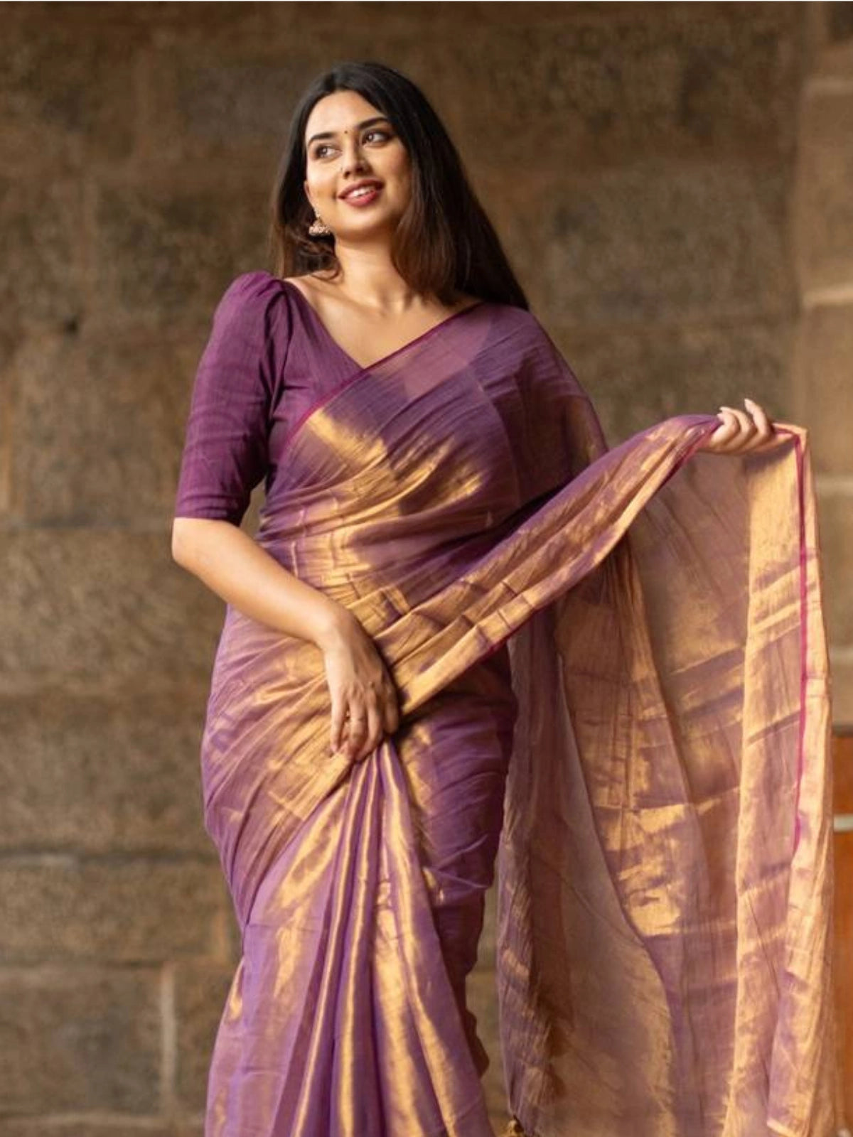Bollywood Inspired Rose Gold Metallic Plain Jimmy Choo Saree-70350475722833