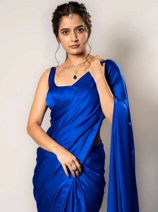 Bollywood Style Royal Blue Satin Saree with Unstitched Matching Blouse Piece-70784296222801