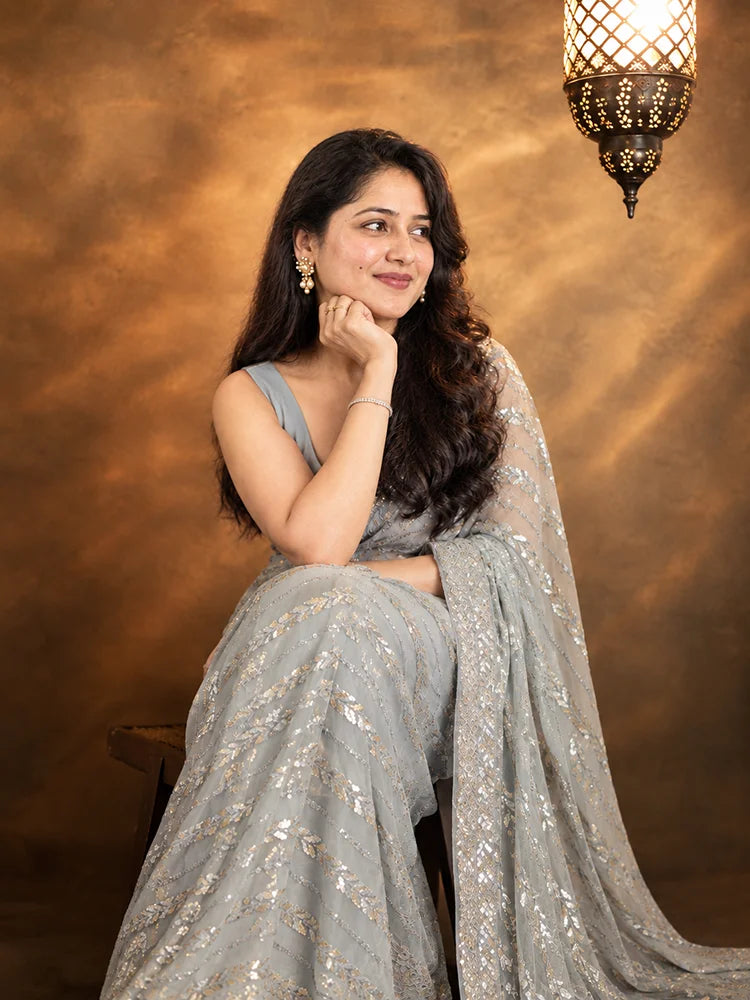Metallic Grey Georgette Sequin Saree-73704512618577